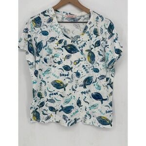 Fresh Produce Fish Print V-Neck Tee Women 1X White Blue Cotton Coastal Beachy